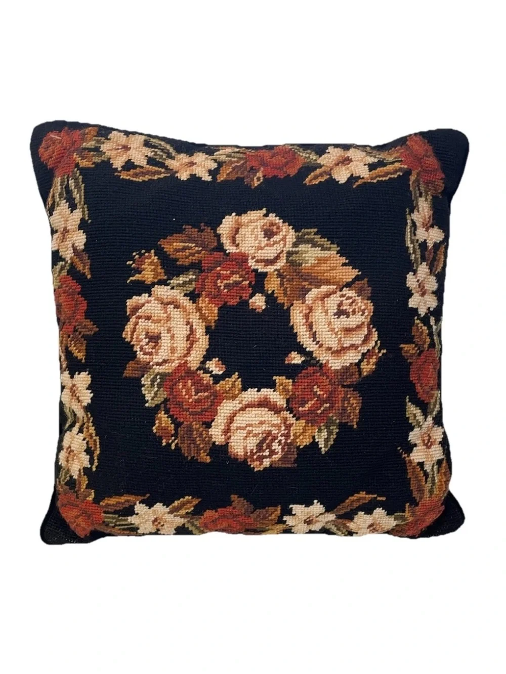 NeedlePoint Black Wool & Autumn Roses Pillow Case Handmade 16 X 15.5